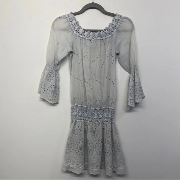 Temptation Positano Zinnia 100% Linen Embroidered Bell Sleeve Mini Dress Cover - Picture 1 of 11